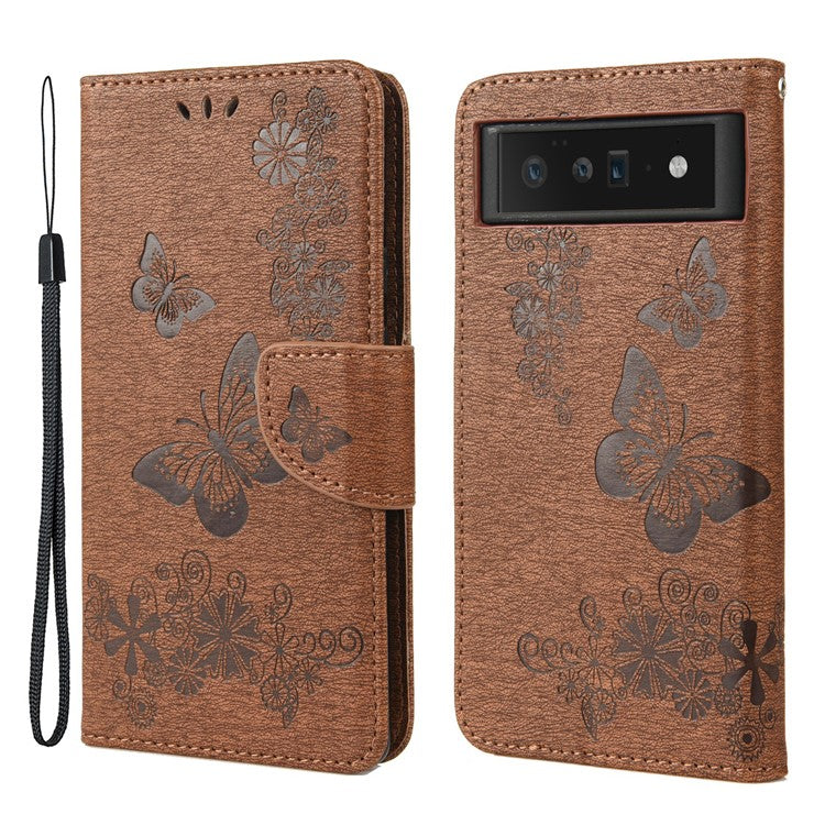 For Google Pixel 6 Pro Imprinted Butterflies Flower Leather Case Wallet Stand Phone Cover Shell - Brown