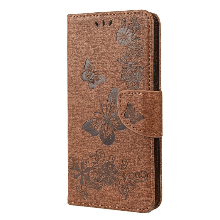 For Google Pixel 6 Pro Imprinted Butterflies Flower Leather Case Wallet Stand Phone Cover Shell - Brown