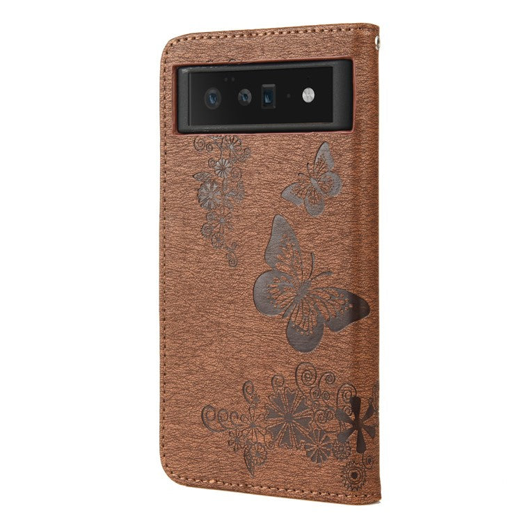 For Google Pixel 6 Pro Imprinted Butterflies Flower Leather Case Wallet Stand Phone Cover Shell - Brown