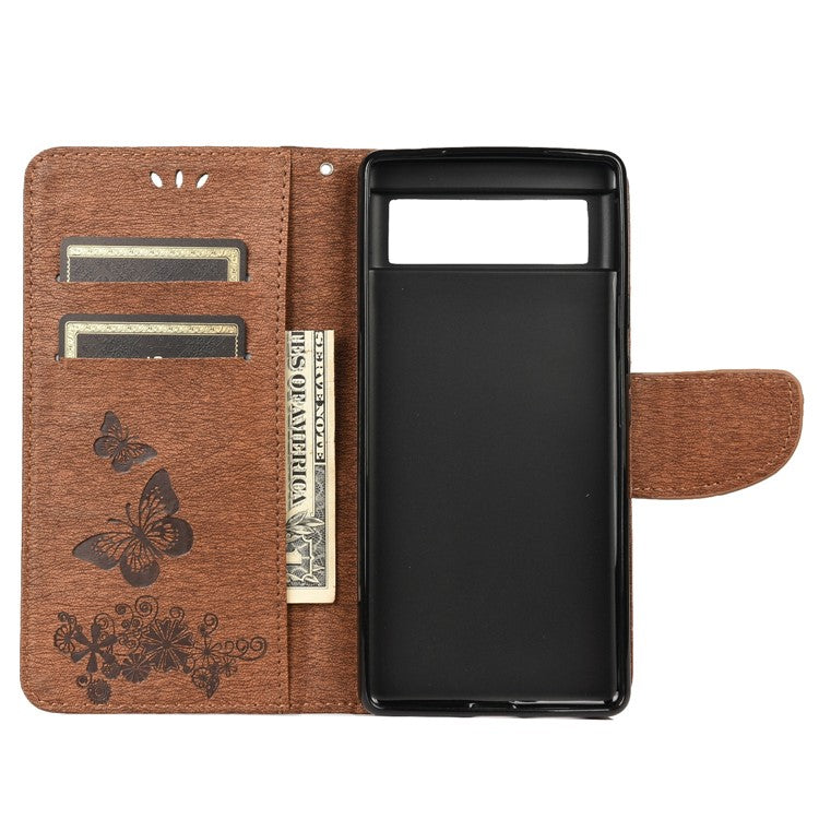 For Google Pixel 6 Pro Imprinted Butterflies Flower Leather Case Wallet Stand Phone Cover Shell - Brown