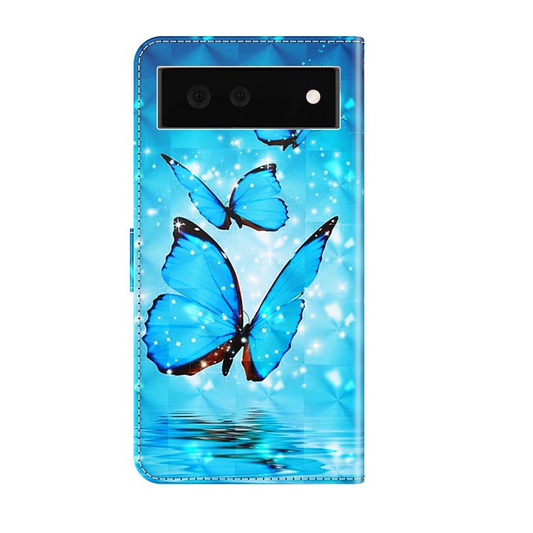 Stand Feature 3D Creative Pattern PU Leather Magnetic Flip Wallet Case with Strap for Google Pixel 6 - Blue Butterflies