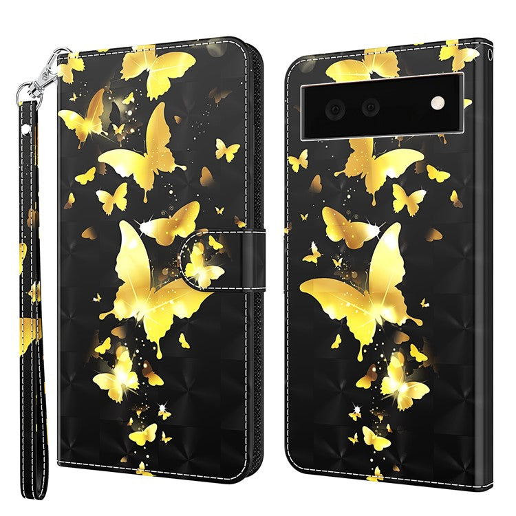 Stand Feature 3D Creative Pattern PU Leather Magnetic Flip Wallet Case with Strap for Google Pixel 6 - Golden Butterflies