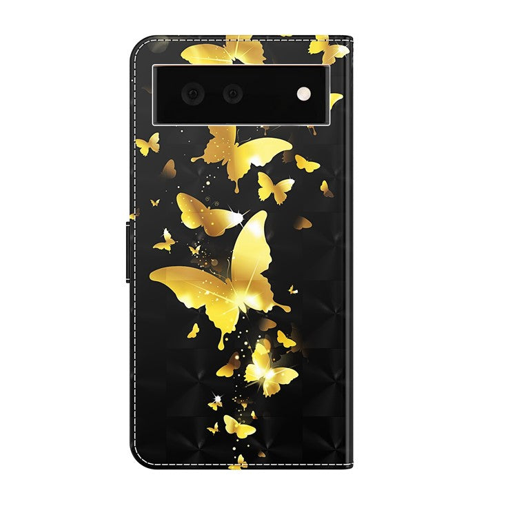 Stand Feature 3D Creative Pattern PU Leather Magnetic Flip Wallet Case with Strap for Google Pixel 6 - Golden Butterflies