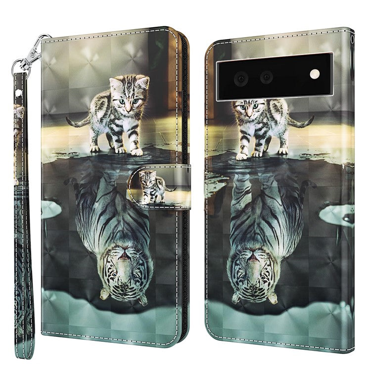 Stand Feature 3D Creative Pattern PU Leather Magnetic Flip Wallet Case with Strap for Google Pixel 6 - Cat and Tiger