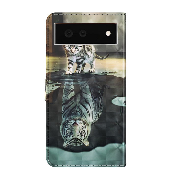 Stand Feature 3D Creative Pattern PU Leather Magnetic Flip Wallet Case with Strap for Google Pixel 6 - Cat and Tiger