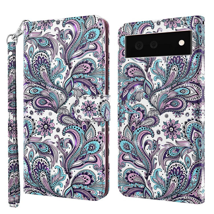 Stand Feature 3D Creative Pattern PU Leather Magnetic Flip Wallet Case with Strap for Google Pixel 6 - Purple Impatiens