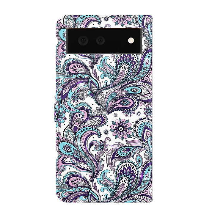 Stand Feature 3D Creative Pattern PU Leather Magnetic Flip Wallet Case with Strap for Google Pixel 6 - Purple Impatiens