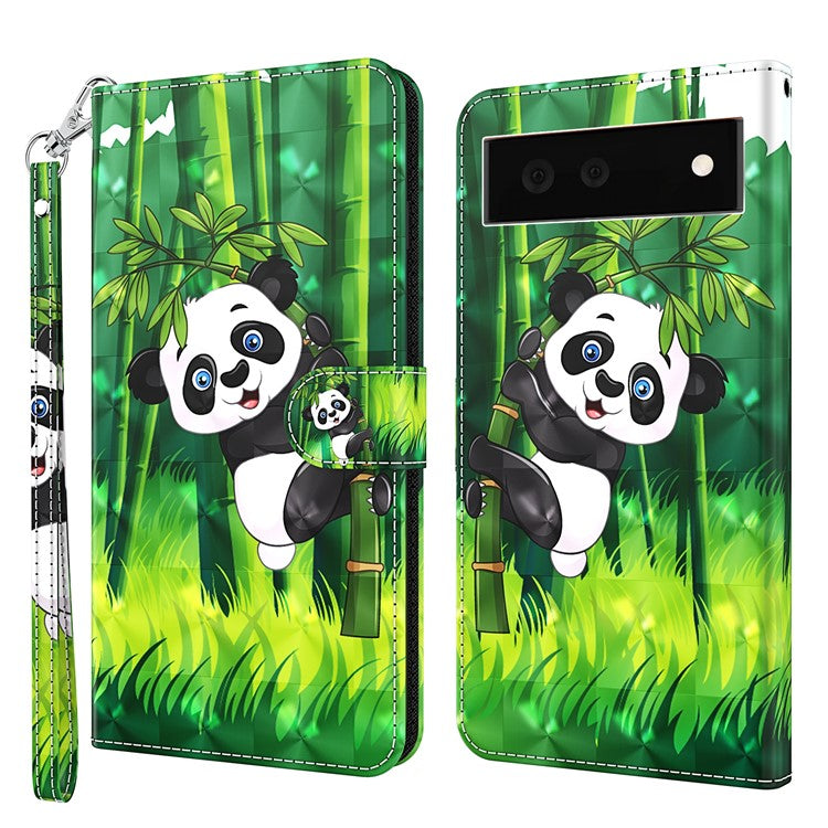 Stand Feature 3D Creative Pattern PU Leather Magnetic Flip Wallet Case with Strap for Google Pixel 6 - Panda Climbing Bamboo