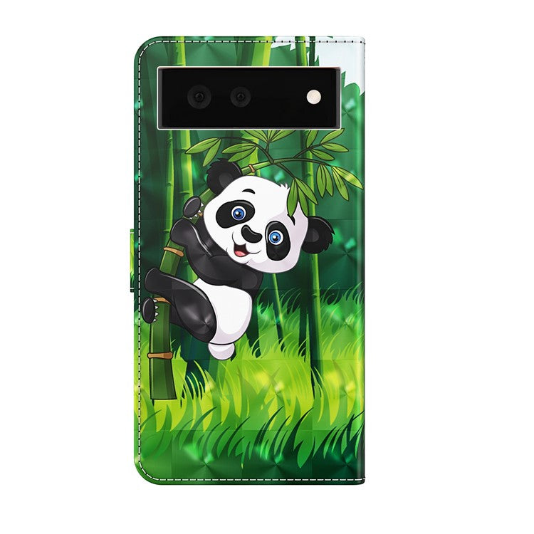 Stand Feature 3D Creative Pattern PU Leather Magnetic Flip Wallet Case with Strap for Google Pixel 6 - Panda Climbing Bamboo