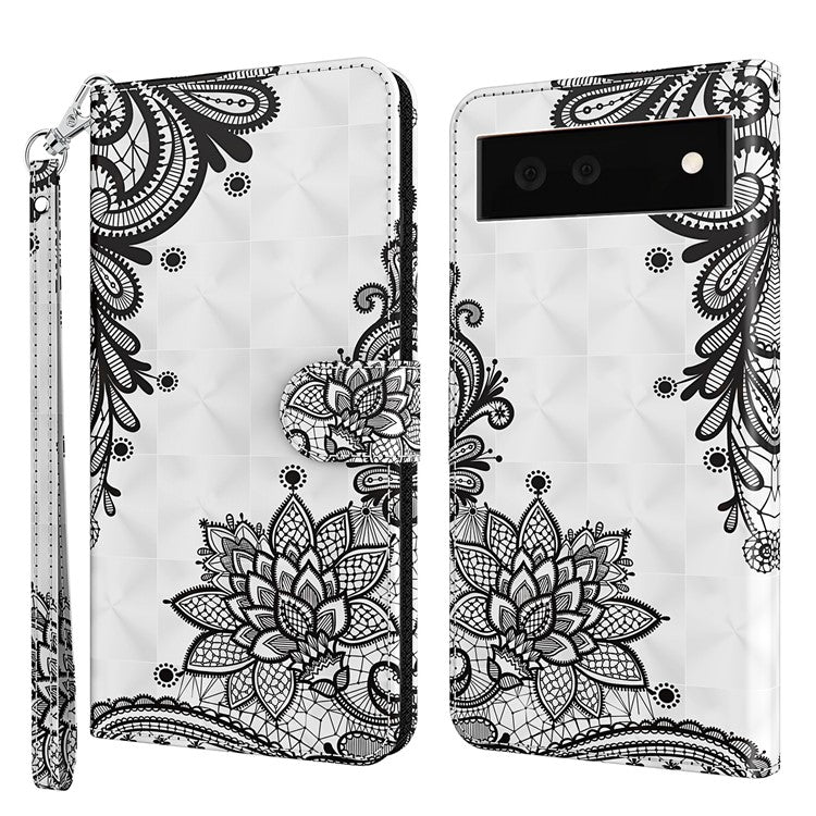 Stand Feature 3D Creative Pattern PU Leather Magnetic Flip Wallet Case with Strap for Google Pixel 6 - Lace Flower