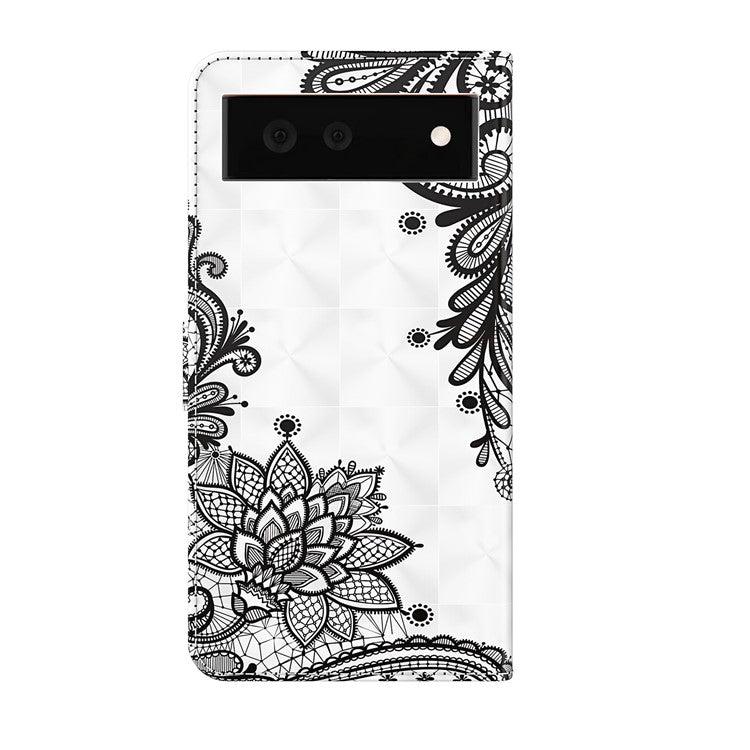 Stand Feature 3D Creative Pattern PU Leather Magnetic Flip Wallet Case with Strap for Google Pixel 6 - Lace Flower