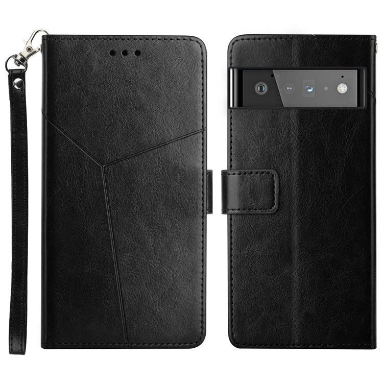 Imprinting Y-shaped Lines PU Leather Full Protection Phone Flip Cover Protective Case for Google Pixel 6 - Black