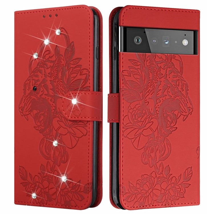 Tiger Head Imprinted Rhinestone Design Wallet Stand Leather Protective Phone Case Shell for Google Pixel 6 Pro - Red