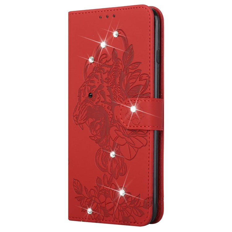 Tiger Head Imprinted Rhinestone Design Wallet Stand Leather Protective Phone Case Shell for Google Pixel 6 Pro - Red