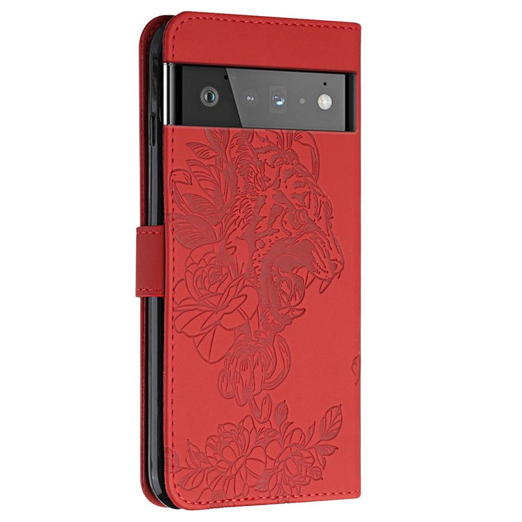 Tiger Head Imprinted Rhinestone Design Wallet Stand Leather Protective Phone Case Shell for Google Pixel 6 Pro - Red