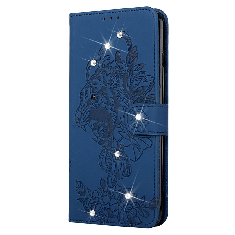 Tiger Head Imprinted Rhinestone Design Wallet Stand Leather Protective Phone Case Shell for Google Pixel 6 Pro - Blue