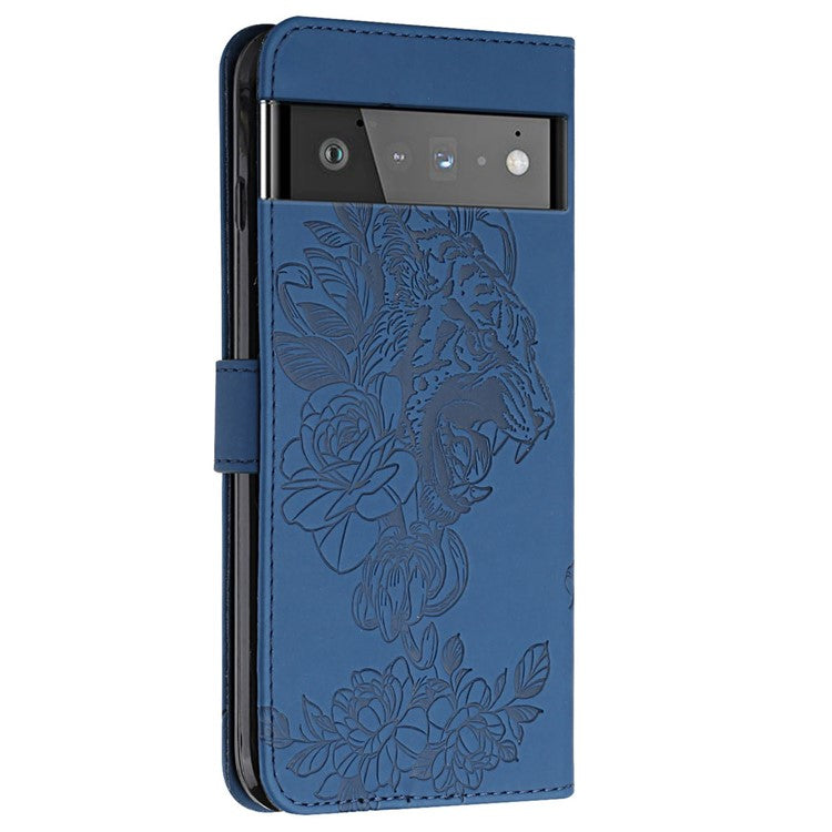 Tiger Head Imprinted Rhinestone Design Wallet Stand Leather Protective Phone Case Shell for Google Pixel 6 Pro - Blue