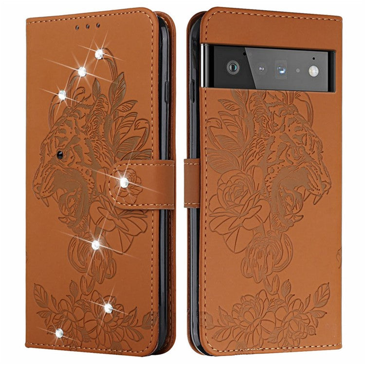 Tiger Head Imprinted Rhinestone Design Wallet Stand Leather Protective Phone Case Shell for Google Pixel 6 Pro - Brown