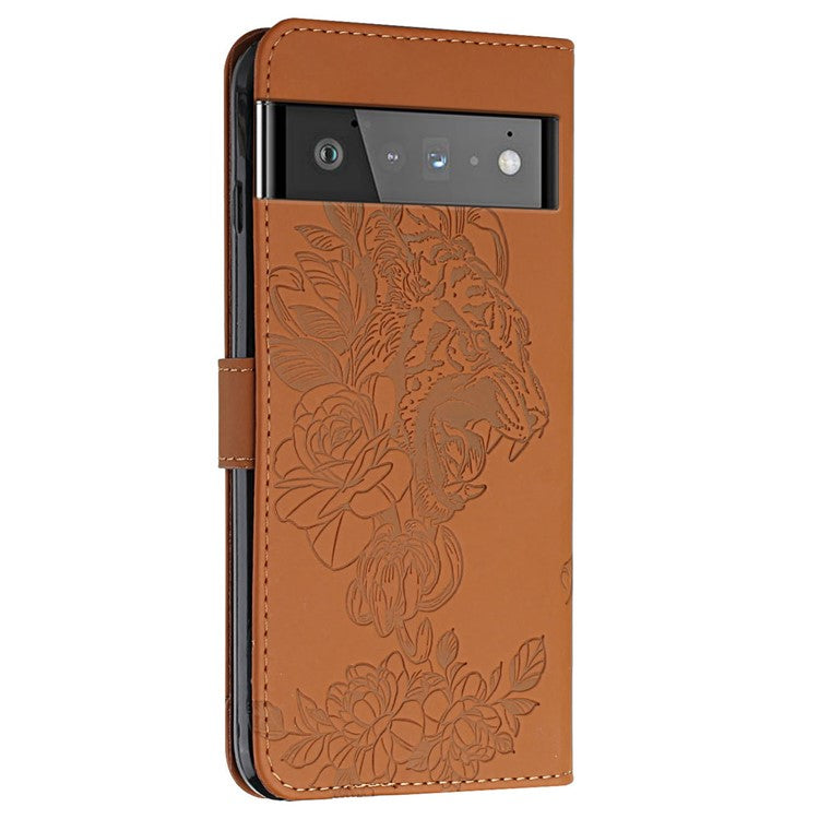 Tiger Head Imprinted Rhinestone Design Wallet Stand Leather Protective Phone Case Shell for Google Pixel 6 Pro - Brown