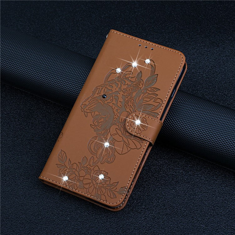 Tiger Head Imprinted Rhinestone Design Wallet Stand Leather Protective Phone Case Shell for Google Pixel 6 Pro - Brown