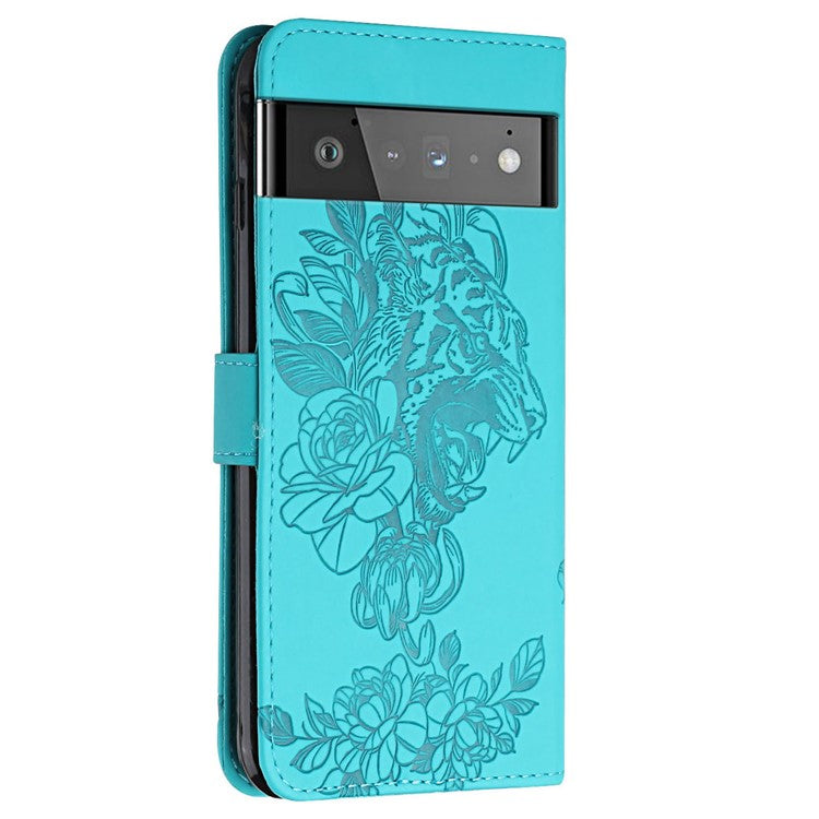 Tiger Head Imprinted Rhinestone Design Wallet Stand Leather Protective Phone Case Shell for Google Pixel 6 Pro - Green