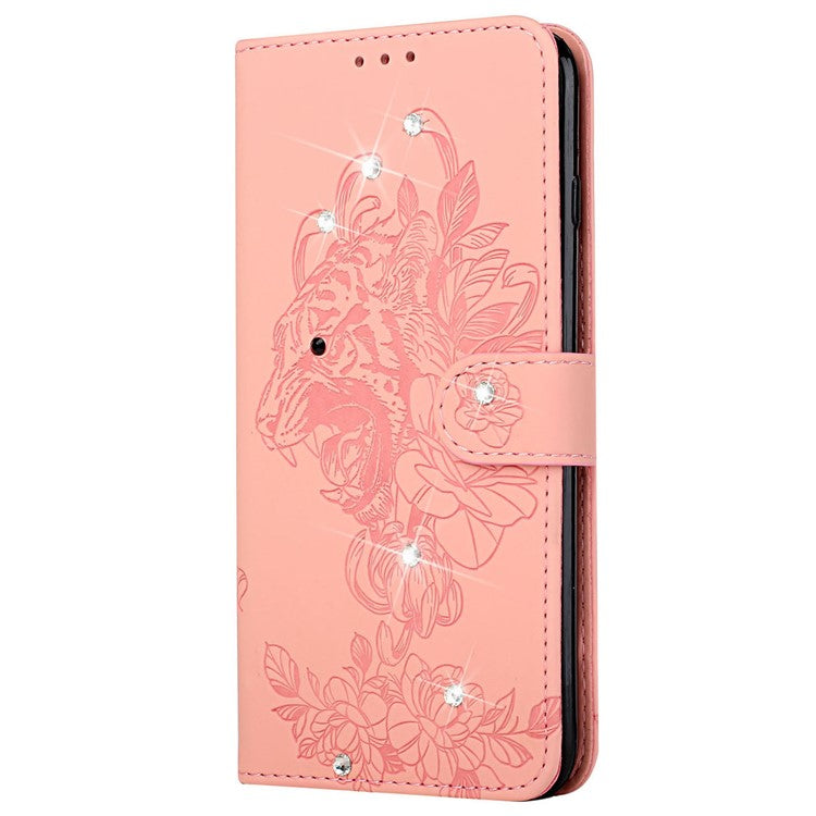 Tiger Head Imprinted Rhinestone Design Wallet Stand Leather Protective Phone Case Shell for Google Pixel 6 Pro - Pink