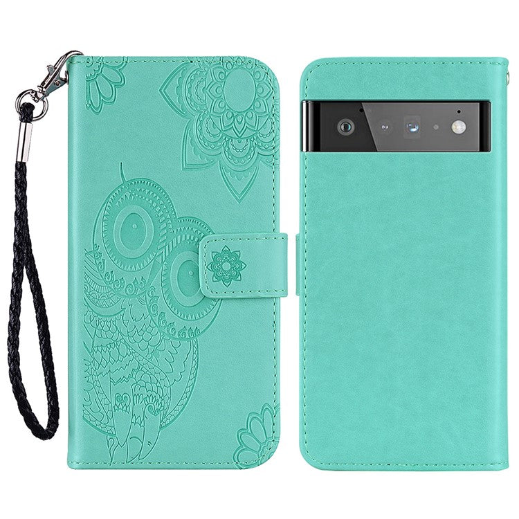 For Google Pixel 6 Shockproof PU Leather+TPU Flip Phone Case Stylish Imprinted Owl Flower Pattern Wallet Shell - Cyan