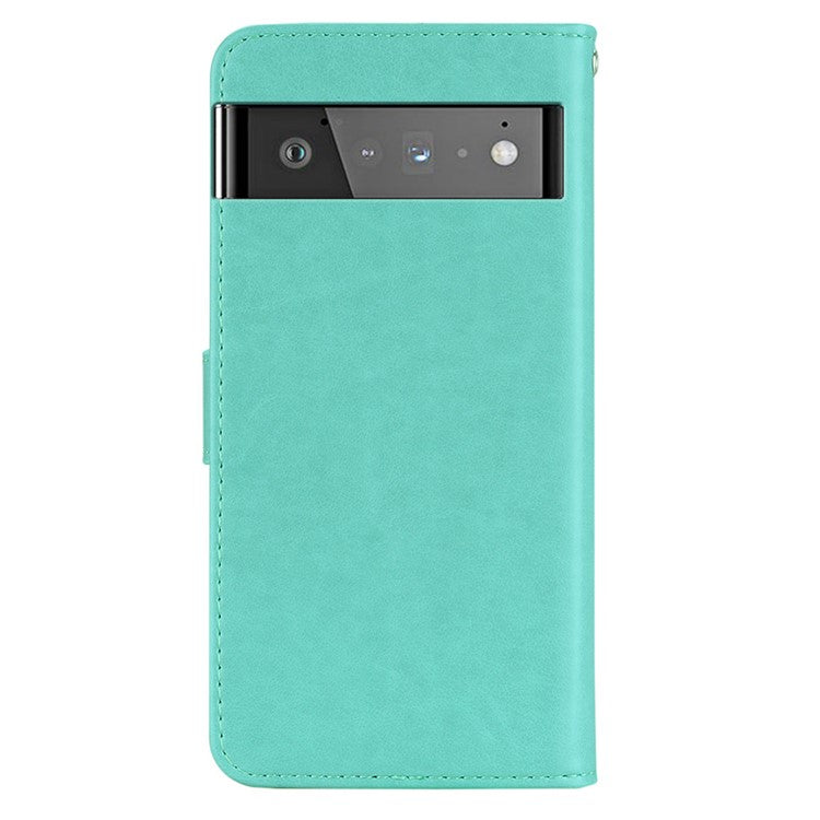 For Google Pixel 6 Shockproof PU Leather+TPU Flip Phone Case Stylish Imprinted Owl Flower Pattern Wallet Shell - Cyan