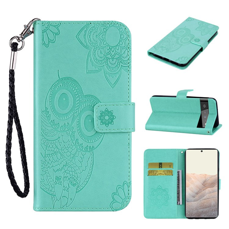 For Google Pixel 6 Shockproof PU Leather+TPU Flip Phone Case Stylish Imprinted Owl Flower Pattern Wallet Shell - Cyan