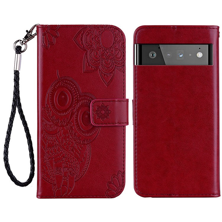 For Google Pixel 6 Shockproof PU Leather+TPU Flip Phone Case Stylish Imprinted Owl Flower Pattern Wallet Shell - Red