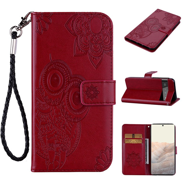 For Google Pixel 6 Shockproof PU Leather+TPU Flip Phone Case Stylish Imprinted Owl Flower Pattern Wallet Shell - Red