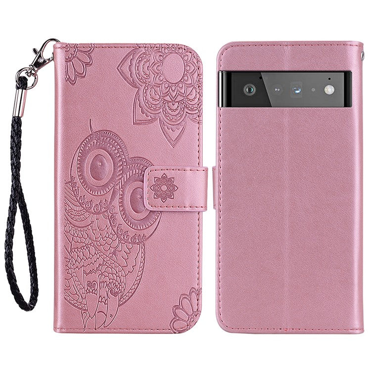 For Google Pixel 6 Shockproof PU Leather+TPU Flip Phone Case Stylish Imprinted Owl Flower Pattern Wallet Shell - Rose Gold