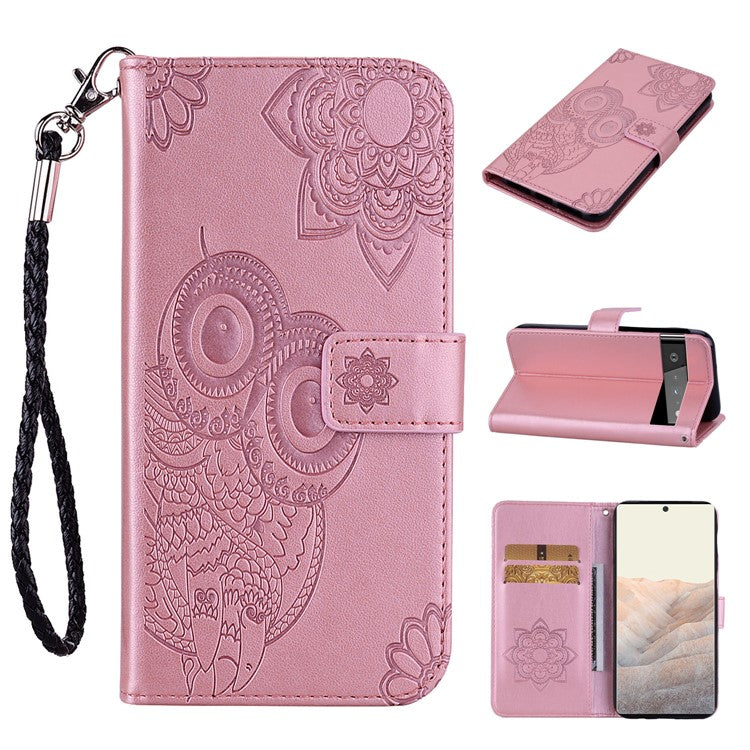 For Google Pixel 6 Shockproof PU Leather+TPU Flip Phone Case Stylish Imprinted Owl Flower Pattern Wallet Shell - Rose Gold