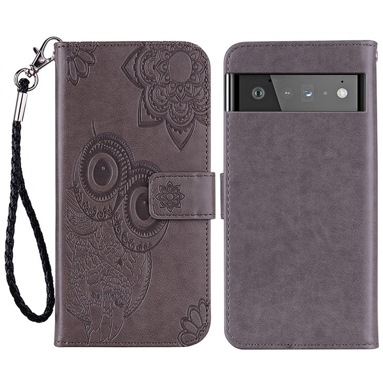 For Google Pixel 6 Shockproof PU Leather+TPU Flip Phone Case Stylish Imprinted Owl Flower Pattern Wallet Shell - Grey