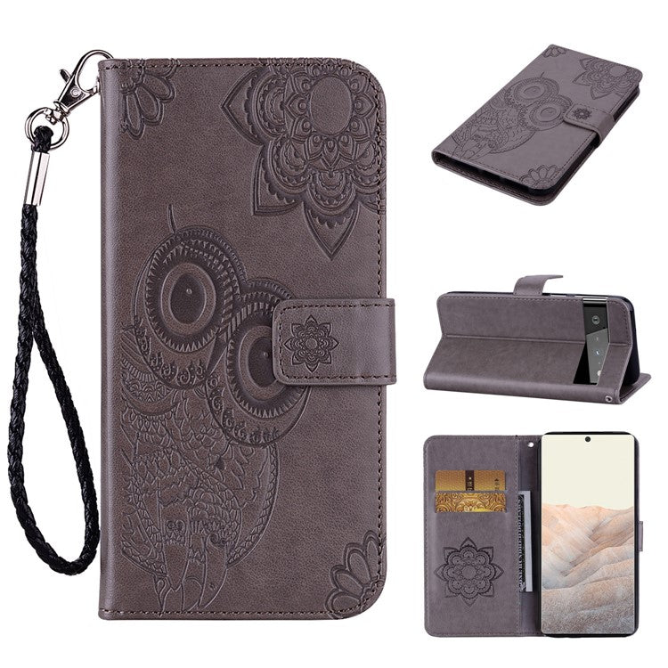 For Google Pixel 6 Shockproof PU Leather+TPU Flip Phone Case Stylish Imprinted Owl Flower Pattern Wallet Shell - Grey