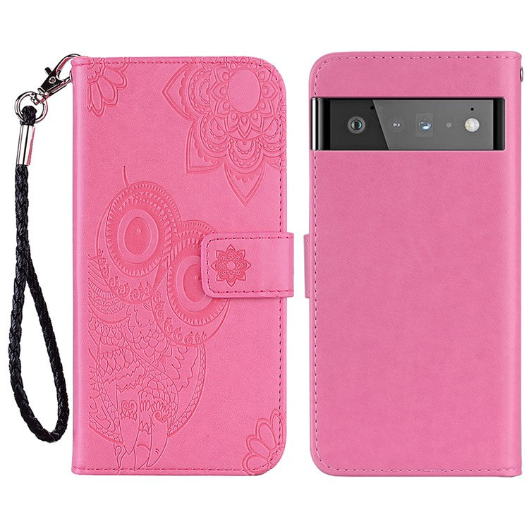 For Google Pixel 6 Shockproof PU Leather+TPU Flip Phone Case Stylish Imprinted Owl Flower Pattern Wallet Shell - Rose