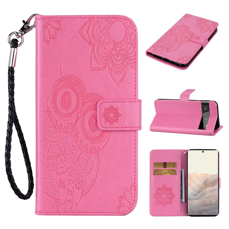 For Google Pixel 6 Shockproof PU Leather+TPU Flip Phone Case Stylish Imprinted Owl Flower Pattern Wallet Shell - Rose