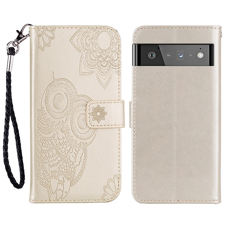 For Google Pixel 6 Shockproof PU Leather+TPU Flip Phone Case Stylish Imprinted Owl Flower Pattern Wallet Shell - Gold