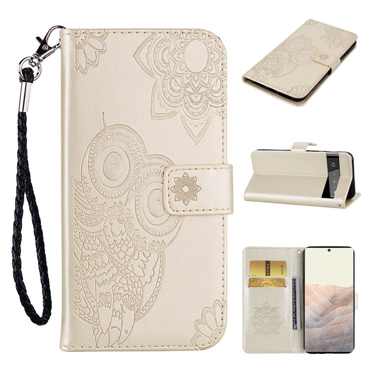 For Google Pixel 6 Shockproof PU Leather+TPU Flip Phone Case Stylish Imprinted Owl Flower Pattern Wallet Shell - Gold