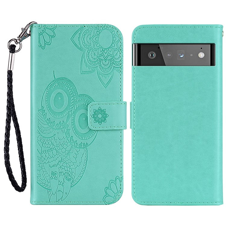 Scratch-resistant Flip Phone Case Imprinted Owl Flower Pattern Leather Wallet Shell for Google Pixel 6 Pro - Cyan