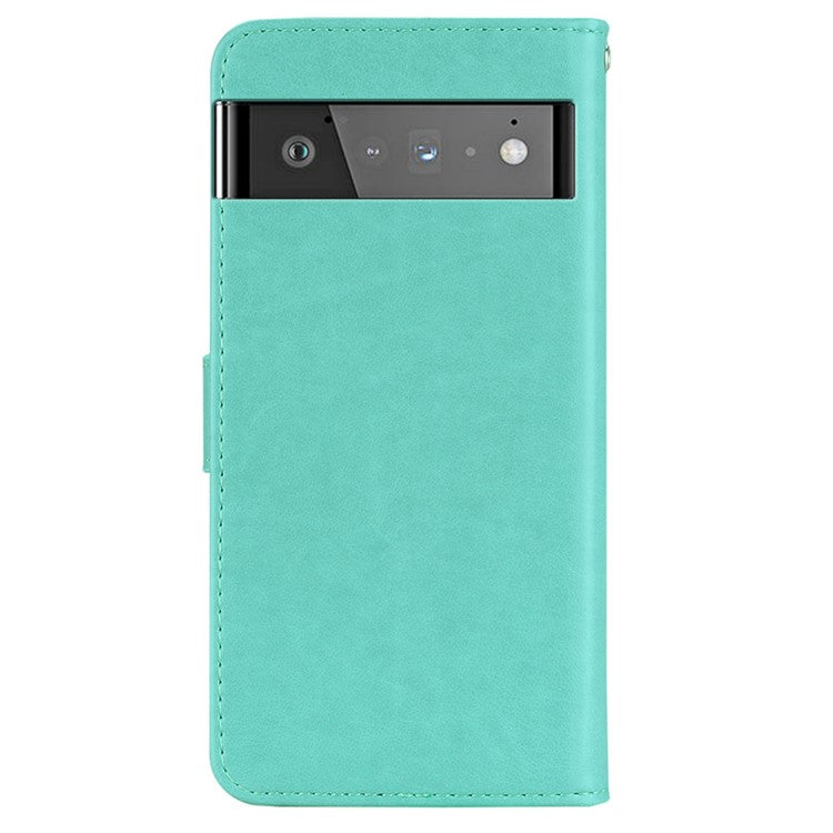 Scratch-resistant Flip Phone Case Imprinted Owl Flower Pattern Leather Wallet Shell for Google Pixel 6 Pro - Cyan