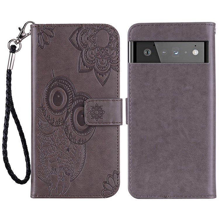 Scratch-resistant Flip Phone Case Imprinted Owl Flower Pattern Leather Wallet Shell for Google Pixel 6 Pro - Grey