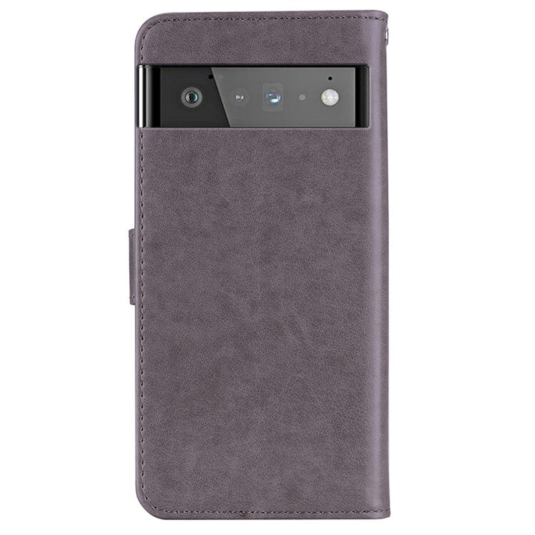 Scratch-resistant Flip Phone Case Imprinted Owl Flower Pattern Leather Wallet Shell for Google Pixel 6 Pro - Grey