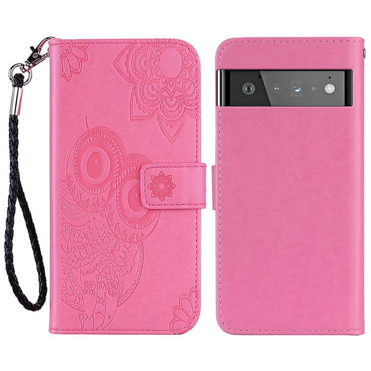 Scratch-resistant Flip Phone Case Imprinted Owl Flower Pattern Leather Wallet Shell for Google Pixel 6 Pro - Rose