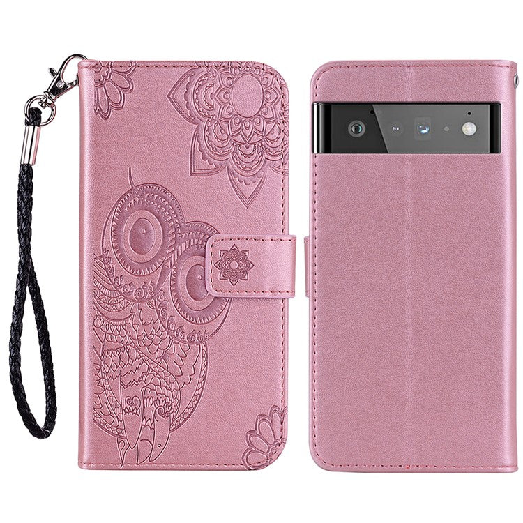 Scratch-resistant Flip Phone Case Imprinted Owl Flower Pattern Leather Wallet Shell for Google Pixel 6 Pro - Rose Gold