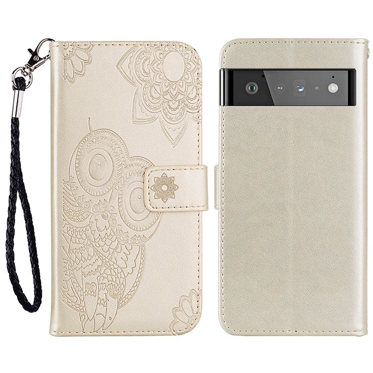 Scratch-resistant Flip Phone Case Imprinted Owl Flower Pattern Leather Wallet Shell for Google Pixel 6 Pro - Gold