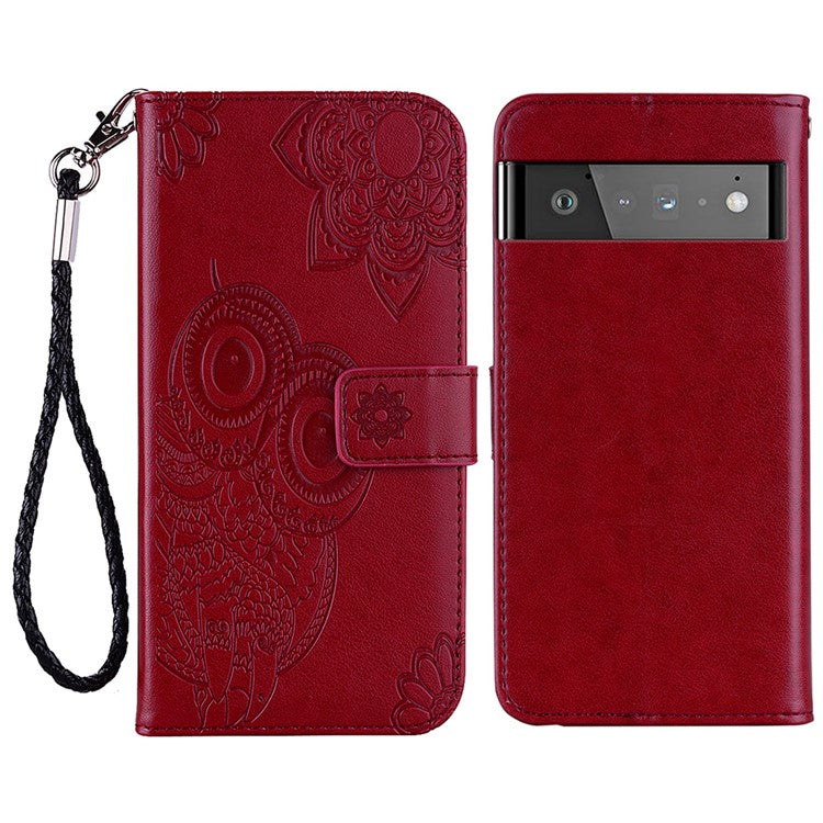 Scratch-resistant Flip Phone Case Imprinted Owl Flower Pattern Leather Wallet Shell for Google Pixel 6 Pro - Red