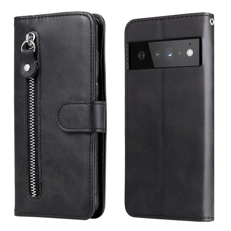 PU Leather Zippered Pocket Phone Case Coin Wallet Stand Folding Case for Google Pixel 6 Pro - Black