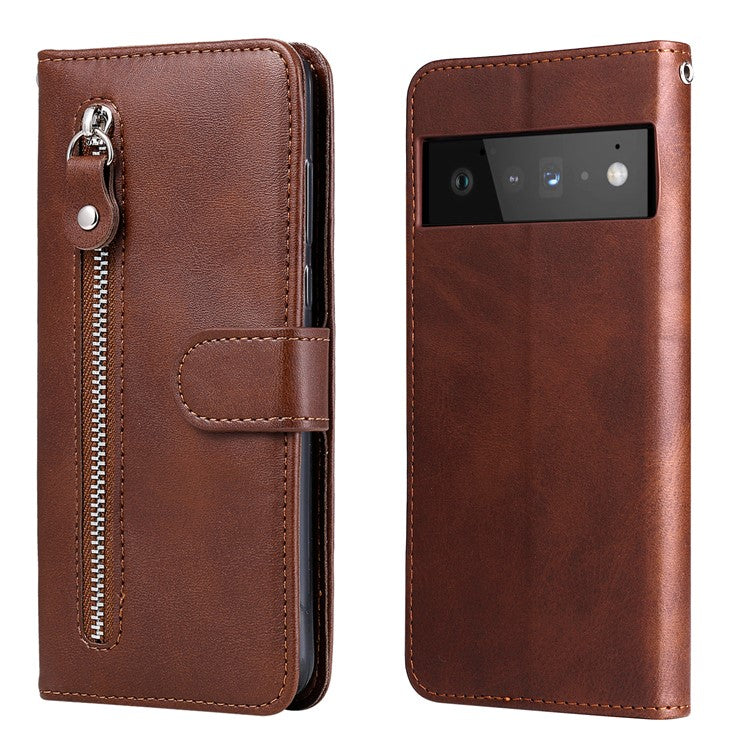 PU Leather Zippered Pocket Phone Case Coin Wallet Stand Folding Case for Google Pixel 6 Pro - Brown