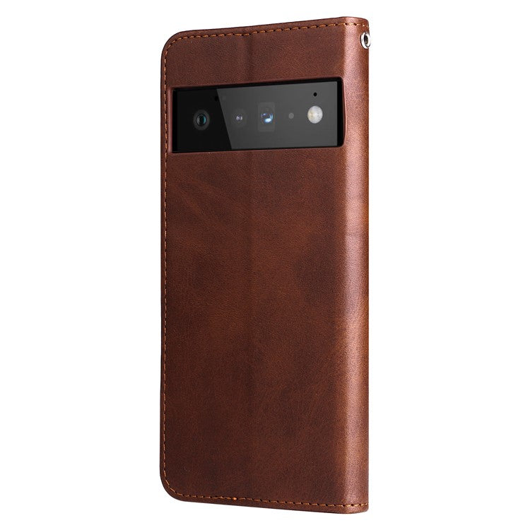 PU Leather Zippered Pocket Phone Case Coin Wallet Stand Folding Case for Google Pixel 6 Pro - Brown